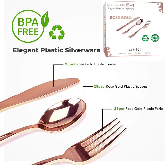 75-Pcs Heavy Duty (Rose Gold) Plastic Silverware Set, Disposable Cutlery Set, Great for Parties, Weddings, and Catering, Flatware Utensils Included: 25 Forks, 25 Spoons, 25 Knives, Stock Your Home
