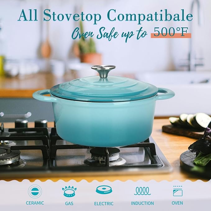Cast Iron Dutch Oven, 3 QT Round Dutch Oven Pot with Self Basting Lid for Home Baking, Braiser, Cooking, Great Christmas Gifts for Family,Teal