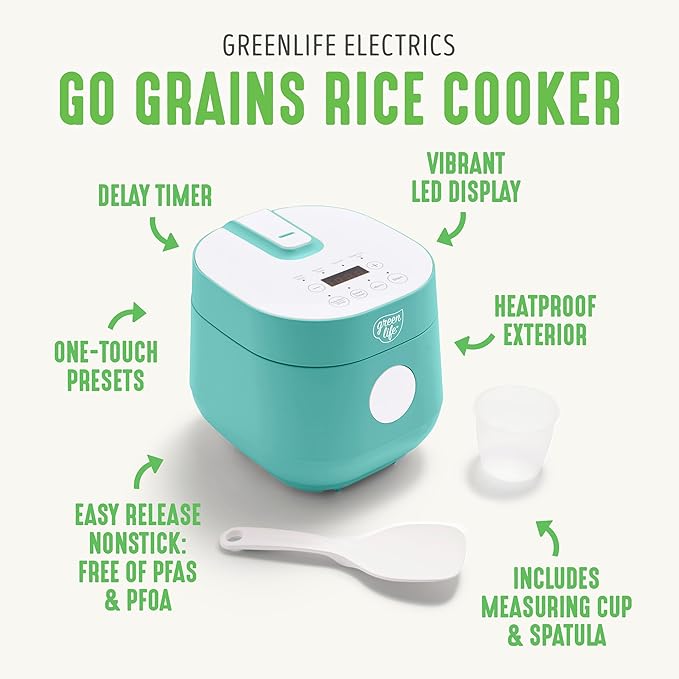 GreenLife Digital Rice Cooker, 2-Cups Uncooked/4-Cups Cooked, Turquoise