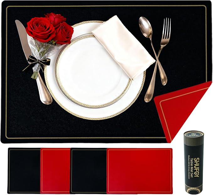 Faux Leather Placemats Set of 4, 11.8"x17.7", Black & Red | Reversible Table Mats, Waterproof, Stain & Heat Resistant, Easy Clean for Dining, Gatherings, Outdoor