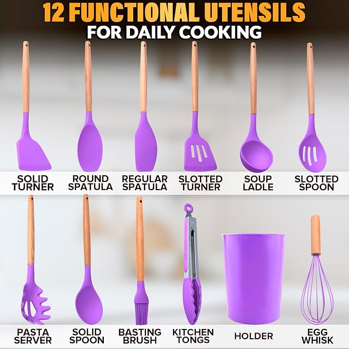 12 Pcs Purple Kitchen Accessories with Holder for Nonstick Cookware | Silicone Cooking Utensils Set for BBQ; Heat-Resistant Tools with Wooden Handles for Baking, Serving, Frying, and Mixing