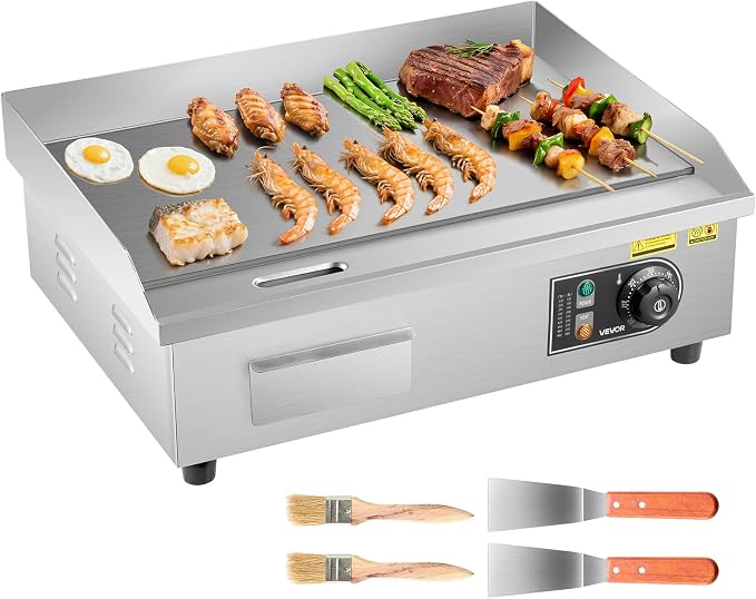 VEVOR Commercial Electric Griddle, 21.06 x 11.81 inch, 3200W, 122-570°F Adjustable Temp Control, Stainless Steel Body, Full Flat, with 2 Spatulas, 2 Brushes, and 4 Foot Pads, for Steak, Pancake