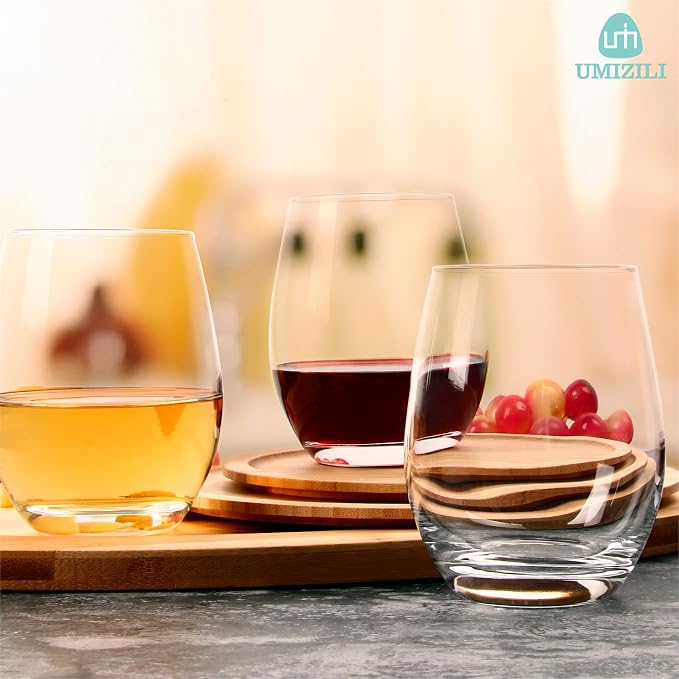 UMI UMIZILI Stemless Wine Glass Set of 12, 14OZ Wine GLass for White Red Wine, Classic Shape Wine Glass with Smooth Rim, Crystal Clear