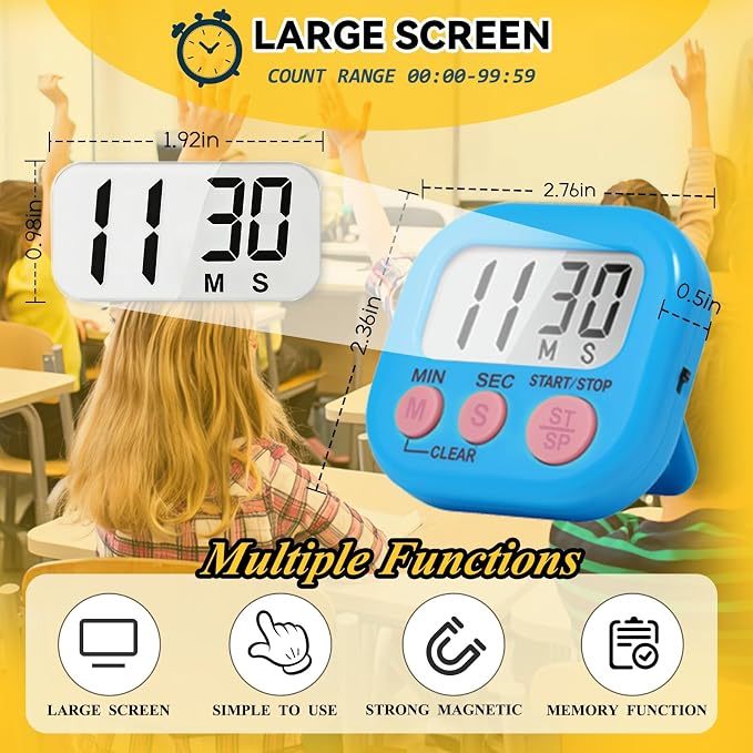 12 Pack Digital Kitchen Timers for Cooking, Loud Alarm Large LCD Display Magnetic Classroom Timers for Teachers Kids, Extensively Use in Classroom, Cooking, Meeting, Gym