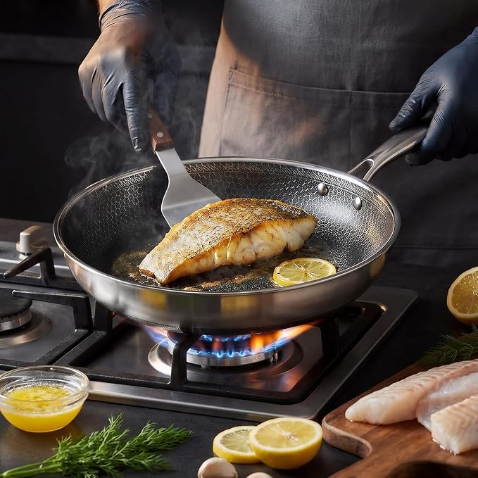8" Non-Stick Frying Pan with Lid Tri-Ply Stainless Steel Pan with Stay-Cool Handle Oven & Dishwasher Safe For Induction, Ceramic & Gas Stovetops