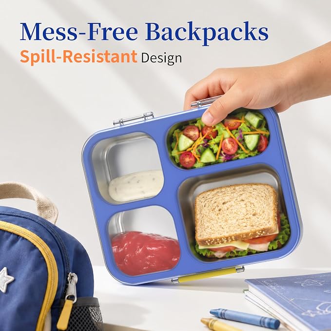 Stainless Steel Lunch Box for Kids, Leakproof 4 Compartment Kids Bento Lunch Box with Clear Lid, BPA-Free Steel Lunch Box Containers for School Travel (Blue)