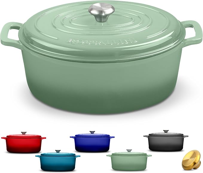 Signature Enameled Cast Iron Oval Dutch Oven | Non-Stick Serving Pot with Tight Fitting Lid for Perfect Roasting, Baking, Sauteing, and Bread Making | 6.75Q [Sage]
