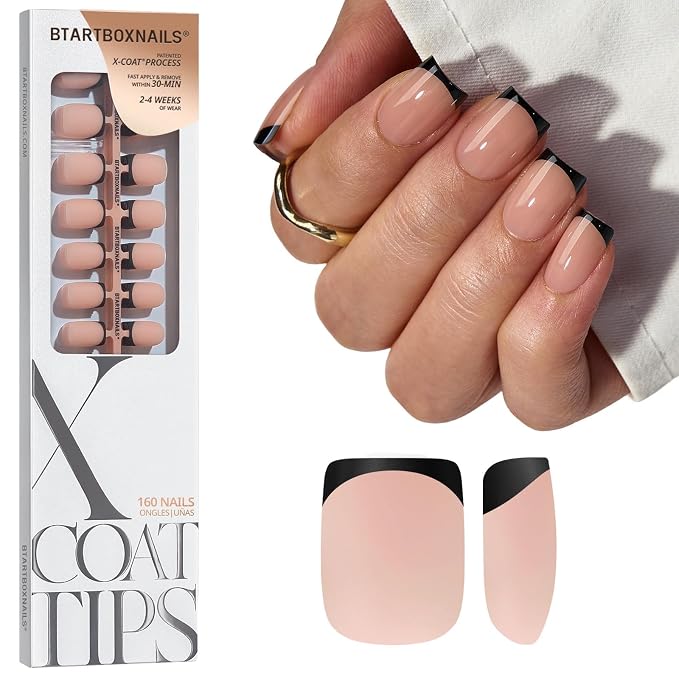 BTArtboxnails XCOATTIPS Black French Tip Press On Nails, XS Square, Peach | Lamp-Curable, 4-Week Wear, Natural Nail Look, Salon Quality Value at Home, Easy-to-Apply for Beginners, 160ct Nail Tips Only