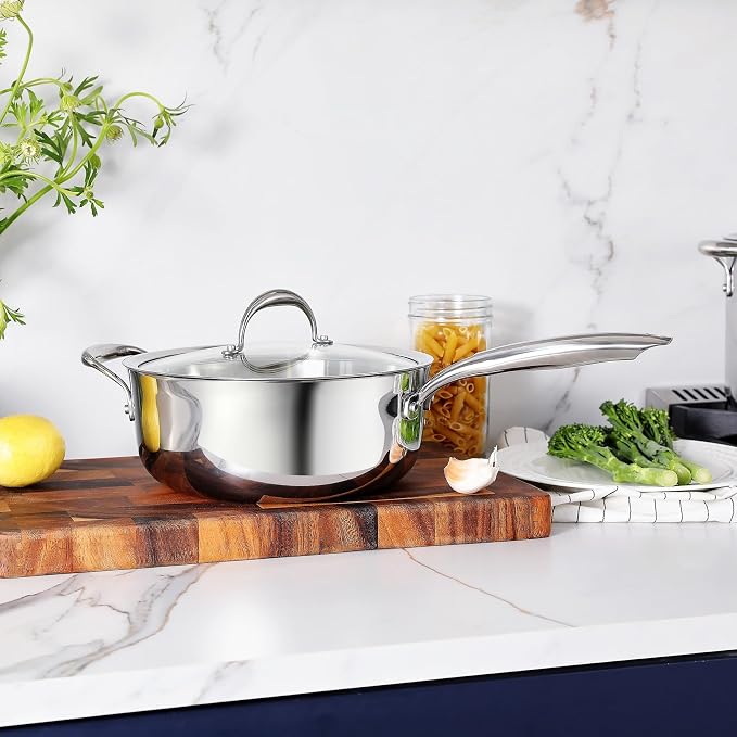 KEAWELL K3 Premium Tri-Ply Fully Clad Sauté Pan with Lid (4-Qt) | 4-Qt Tri-Ply Fully Clad Stainless Steel Sauté Pan; Compatible with All Stovetops; Oven Safe to 600°F