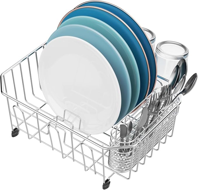 Mini in Sink Dish Drying Rack - Stainless Steel for RV Kitchen | Small Design for Apartments, Angled Corners Fit Square & Round Sinks, Utensil Holder, Cup Hooks, 9.5" W x 13.4" L
