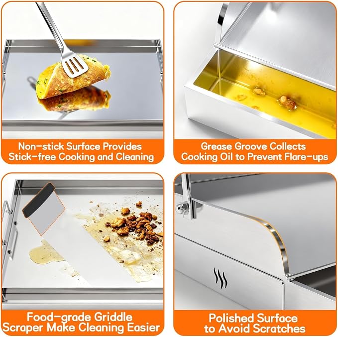Upgraded 17" x 13" Nonstick Stainless Steel Griddle, Universal Flat Top Plate Insert with Grease Groove, Large Stove Top Griddle for BBQ, Camping, Tailgating and Parties