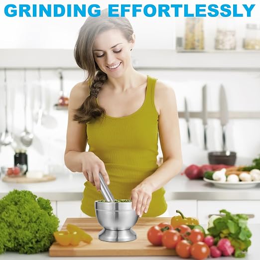 Mortar and Pestle Set, 18/8 Stainless Steel | Non-Slip Base, Food-Grade Stainless Steel Spice Grinder for Grind Spices, Herbs, Pills & Make Pesto – Easy to Clean