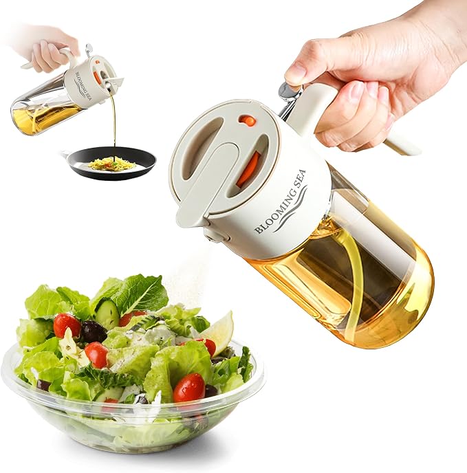 2-in-1 Oil Sprayer and Dispenser – 550ml Glass Olive Oil Bottle with Spray and Pour Modes – BPA-Free, Leakproof, Kitchen Oil Mister for Cooking, Air Fryer, BBQ (Classic White)