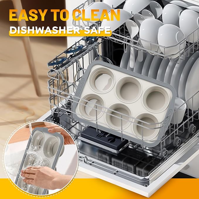 Silicone Muffin Pan, 6 Cups Non-Stick Cupcake Pan, Food-Grade BPA-Free Muffin Tin, Oven-Safe 450 °F, Reinforced Steel Frame, Easy-Grab Handles, Quick-Release 2.7" Baking Molds for Mini Treats