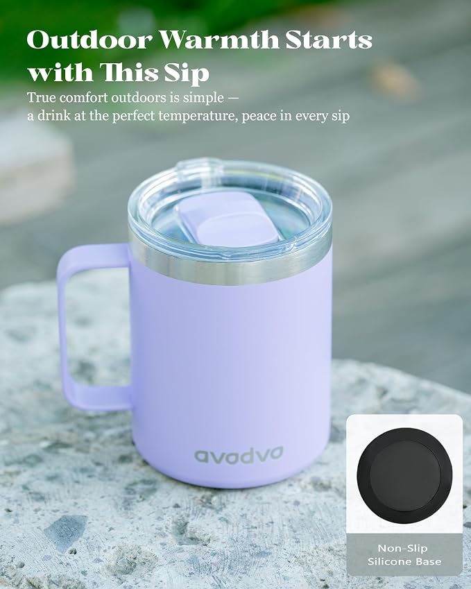 12oz Insulated Coffee Mug with Lid – Includes Two Lids, Stainless Steel Coffee Travel Mug with Handle, Double Wall Vacuum Insulated Camping Mug for Home, Office & Outdoor, Periwinkle Purple