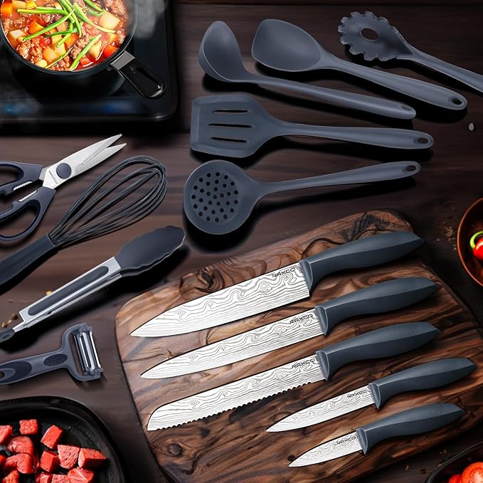 Kitchen Set,18-Piece Cooking Utensils and Kitchen Knife Set,Gray | 7-Piece Kitchen Utensils Heat-resistant to 410°F,5-Piece Sharp Knife,5-Piece Cooking Tools and Cutting Board In One