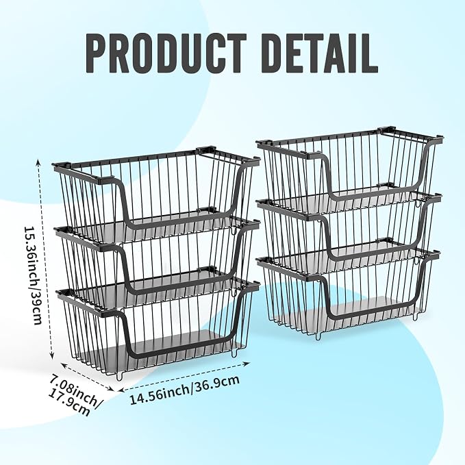 6 Pcs Stackable Wire Baskets for Pantry Organizers and Storage, | Vegetable Fruit Basket for Countertop,Kitchen Storage Metal Baskets,Produce Potato Onion Storage Bin,Black