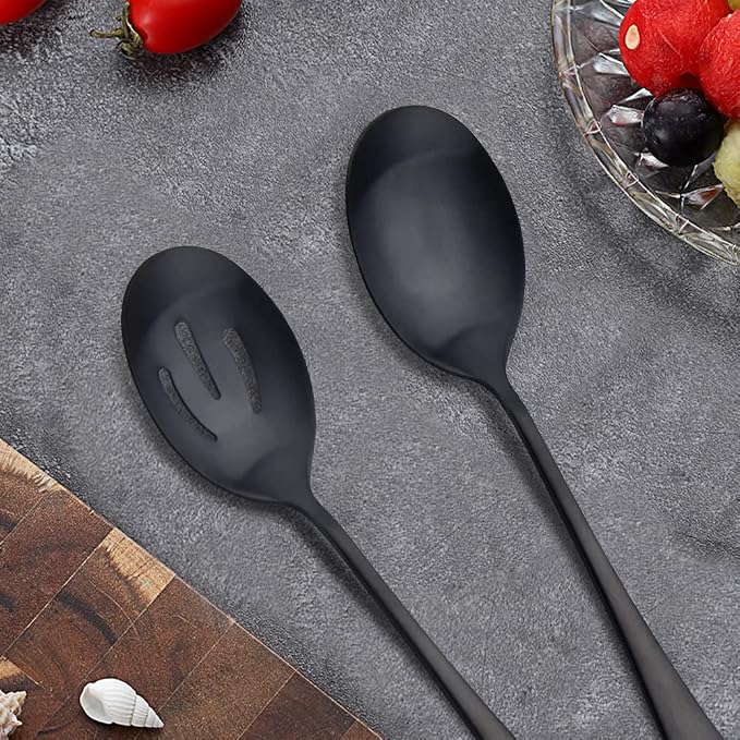 AOOSY 8.7Inch Matte Black Stainless Steel Serving Spoon Set,6Pcs | Serving Spoons x 3, Slotted Spoons x 3,Utility Advanced Buffet Utensils, Premium Skimmer & Perforated Design