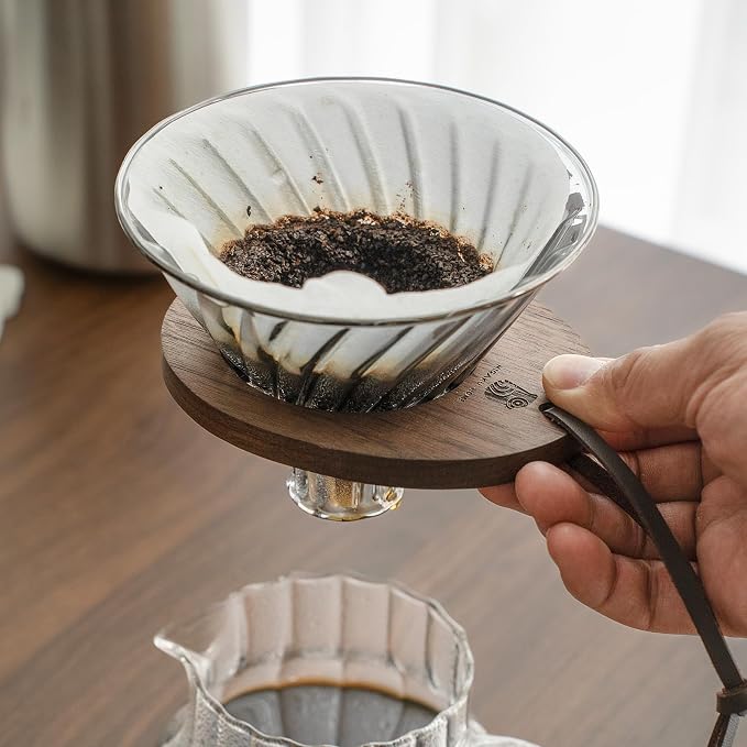 V02 Pour Over Coffee Maker, Black Clear Glass Dripper with Black Walnut Wooden Stand & 50 Pcs V60 Filters, Premium Coffee Pour Over Set, 1-4 Cups