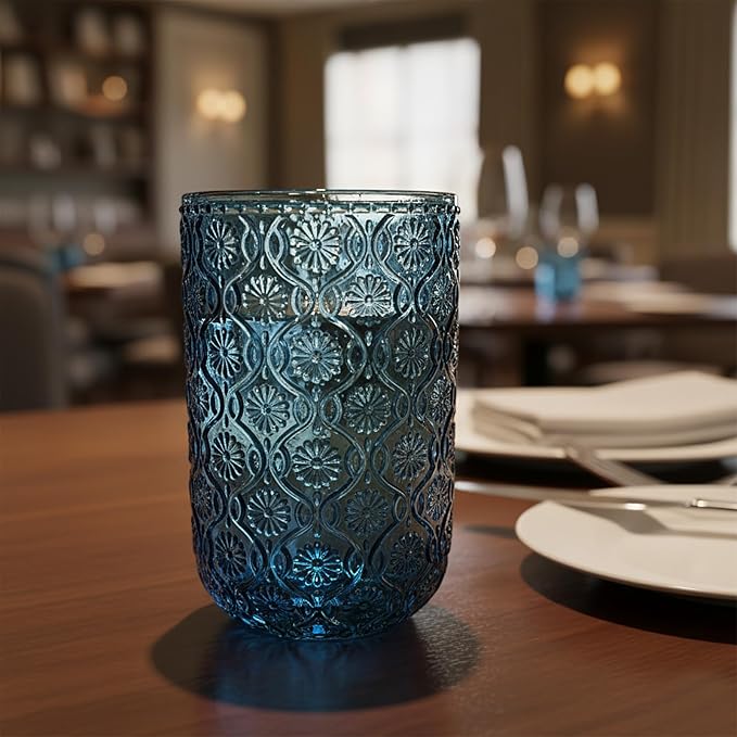 Set of 8 Vintage Embossed Glassware,4 Highball Glasses 14oz & 4 Rocks Drinking Glasses 9oz, Blue, Art Deco, for Wine, Water, Cocktail, Juice, Whiskey, Gift