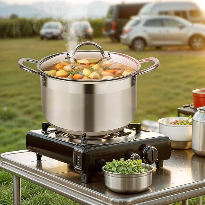 Kirecoo 5 Quart Stainless Steel Induction Stock Pot with Visible Lid | Heavy Duty, Even Heat, Thick Nonstick Base, Deep Cookware for Soup Pasta & Spaghetti, Ideal for Canning, Boiling & Simmering