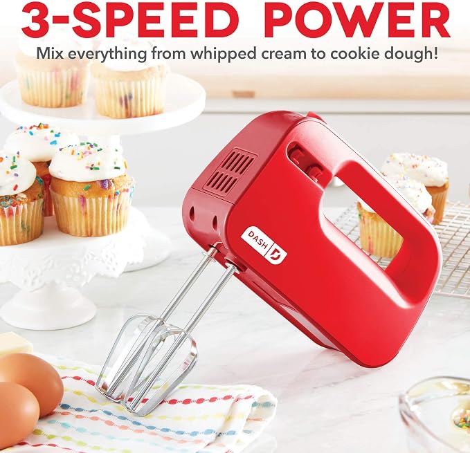 Dash SmartStore Hand Mixer - Electric Handheld Mixer For Everyday Baking - 3-Speed Power and One-Touch Beater Ejector Button - Red, Includes Whisk and Milkshake Attachments