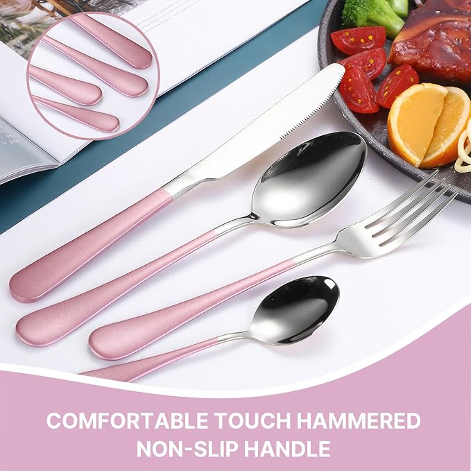 24 Pieces Flatware Set, Caliamary Stainless Steel Flatware Set with Silverware Holder Spoons Forks Knives,Utensils Set Service for 6,Gold Mirror Polished and Matte Pink Painted (Pinkish Silver)