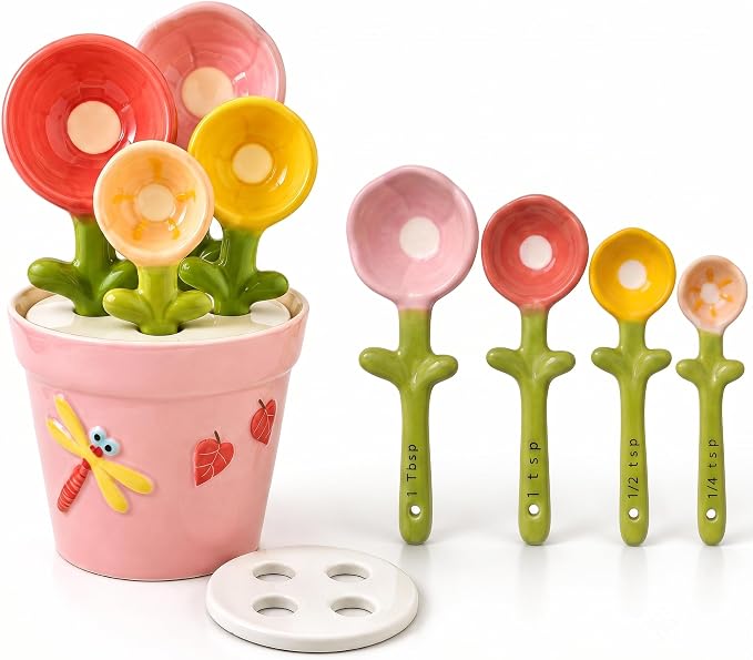 Cute Flower Ceramic Measuring Spoons Set with Base, Kitchen Decorate Gifts | Small Flower Pot Measuring Spoons and Cups with Holder, Home Baking Gifts Pink