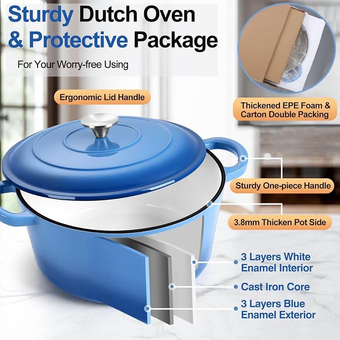 P&P CHEF 6QT Enameled Dutch Oven, Dutch Oven Pot for Bread Baking, Blue | 6 Quart Enameled Cast Iron Casserole Pot with Lid, for Roasting Braising Stewing Frying Simmering, Work on Various Stoves
