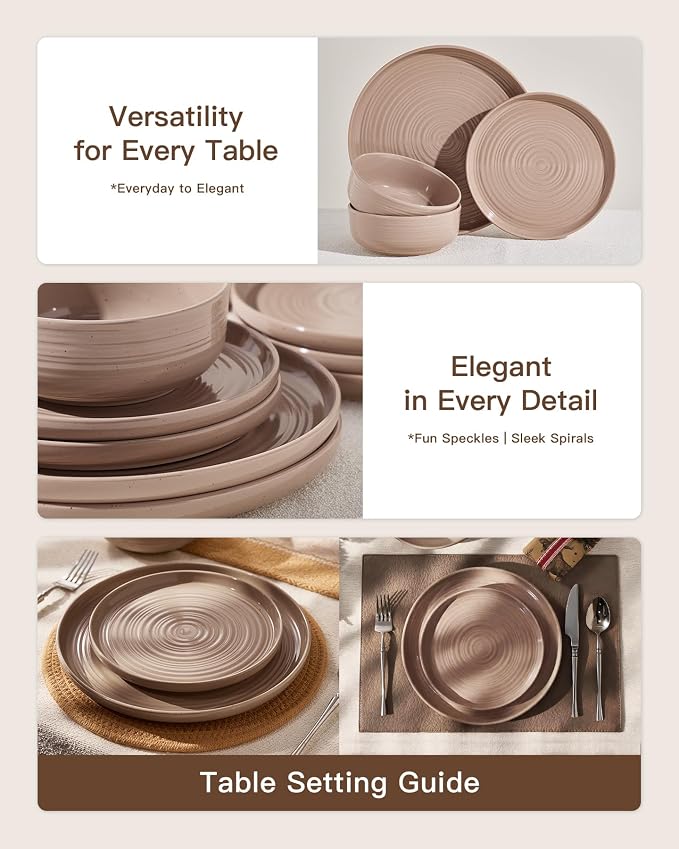 Stoneware Dinnerware Sets with Pasta Bowls, Service for 4 | 16-Piece Ceramic Plates and Bowls, Speckled Spiral Dishes, Chip & Scratch Resistant, Microwave & Dishwasher Safe, White Honey