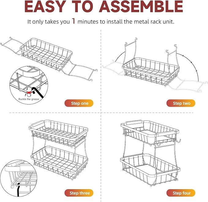 2-Tier Fruit Basket with Banana Hangers, Detachable Metal Bowl | Wooden handle, protective mats included. Versatile holder for bread, snacks, and veggies. 2-Pack 2 tier metal design.
