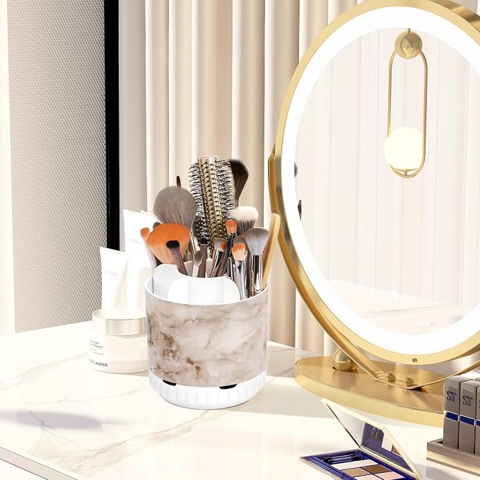 GFWARE Rotating Marble Toothbrush Holder for Bathroom Organizer, Drainage | Detachable 6 Slots Kids Electric Toothbrush and Toothpaste Holder, Bathroom Countertop Sink Storage Caddy, Marble-Look