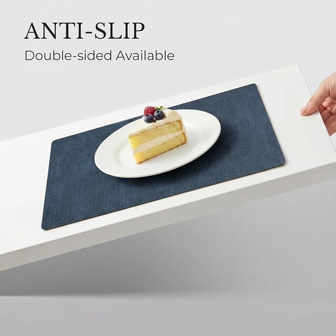 Romanstile Vinyl Placemats Set of 4, Reversible Faux Leather Heat Resistant Wipeable Table Mats, Waterproof Washable Non-Slip Table Placemats for Dining/Kitchen/Outdoor (Grey Nave Blue, 12" x 17")