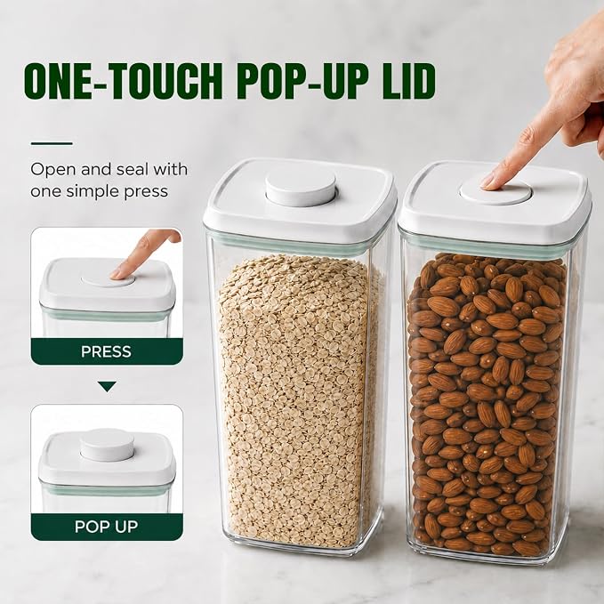 12 Pcs Pop Airtight Food Storage Containers with Lids Stackable Containers for Kitchen Pantry Organization Ideal for Cereal Snacks Flour Sugar Coffee and Spaghetti, 3.4Qt, 2.8Qt, 2.1Qt, 1.2Qt