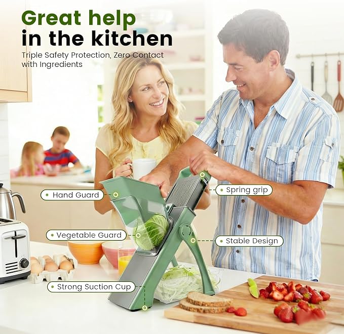 4-in-1 Mandoline Slicer Vegetable Chopper with Adjustable Blades | vegetable slicer with adjustable thickness, julienne, dicer and fry cutter functions, with foldable design and container