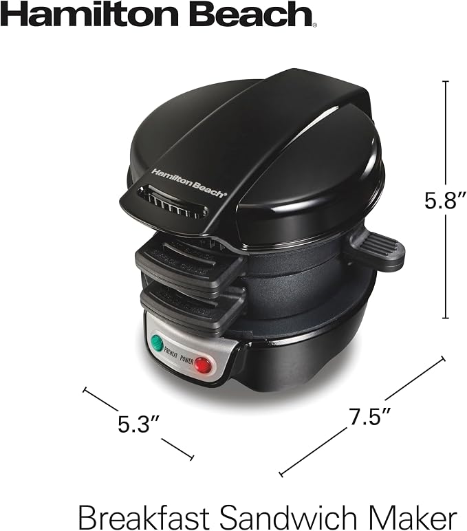 Hamilton Beach Breakfast Sandwich Maker with Egg Cooker Ring,Customize Ingredients,Perfect for English Muffins,Croissants,Mini Waffles,Perfect White Elephant Gifts,Black (25477),(Pack of 4)
