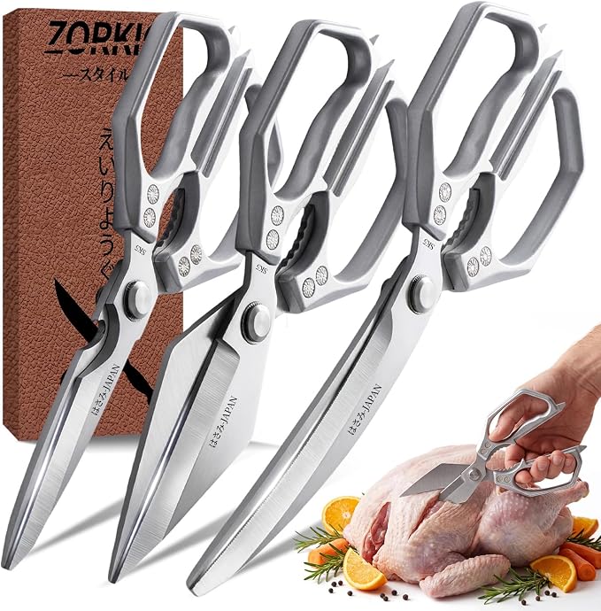 Kitchen Scissors Set Silver 3PCS, Heavy Duty Poultry Shears Kitchen Shear for Food Chicken Scissor All Purpose,Japan Meat Cutting Scissors, Bones Food Cooking Shears, Gifts for Men Women Mom Dad