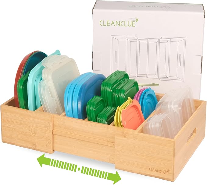 Expandable Bamboo Kitchen Cabinet Organizer for Food Container Lids Holder | Adjustable drawer organizer with 3 dividers for food container lids, bamboo lid organizer for kitchen cabinet lid storage