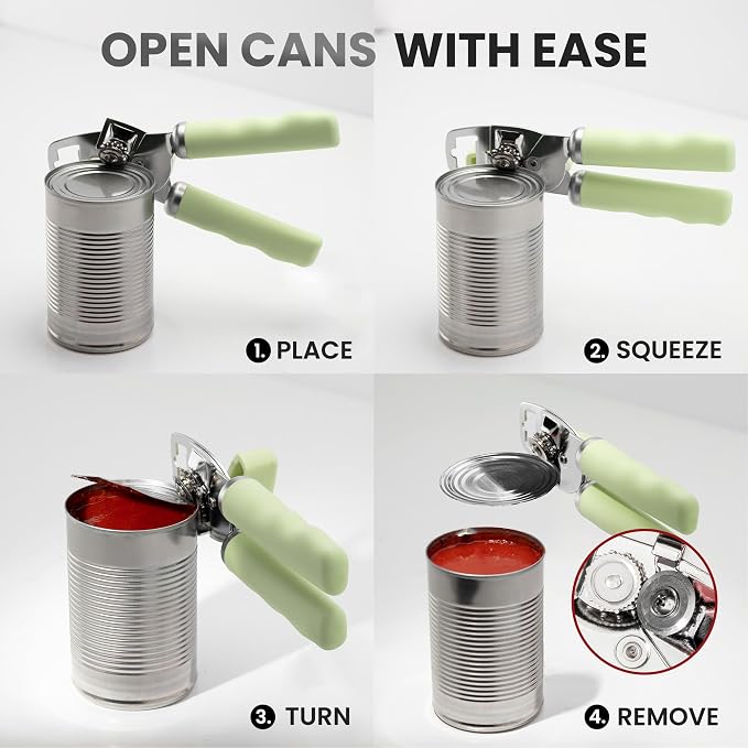 Zulay Kitchen Heavy Duty Stainless Steel Can Opener Manual with Bottle Opener - Rust Proof Manual Can Opener With Turn Knob & Comfy Soft Grip Handles - Pistachio