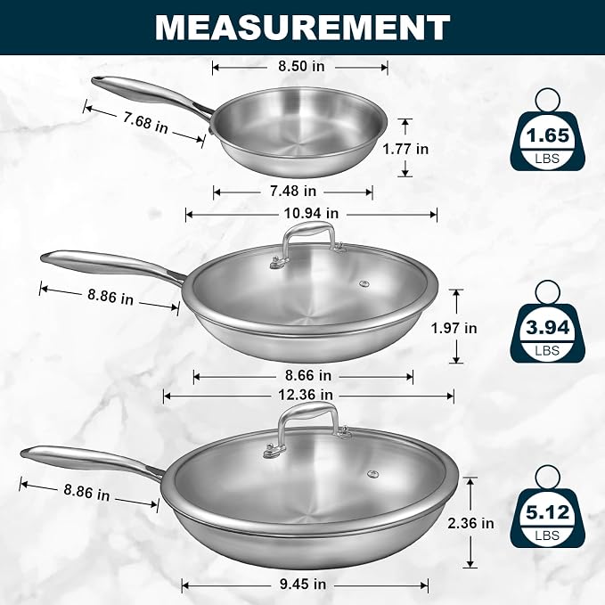 Tri-Ply Stainless Steel Frying Pans Set with Lid, EWFEN 8”/10”/12” Cooking pans, PFOA&PTFE Free Skillet, Induction Cooking Pan, Dishwasher and Oven Safe, Fast & Even Heat, Suitable for All Stove