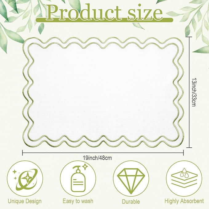 HunnmingRe White with Green Set of 6 Cotton Linen Wedding Placemats, 13x19 Inch Scalloped Wavy Embroidery Placemat Double Layered Washable Rustic Rectangle Dinner Table Mat for Home Decor
