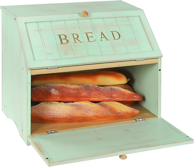 HOMEKOKO Retro Double Layer Large Bread Box for Kitchen Counter, Mint Green | Keeps Bread Fresh 3-4 Days, 2-Tier Capacity Fits 2+ Loaves,Suitable For Farmhouse/Rustic Kitchens Use, Retro Design