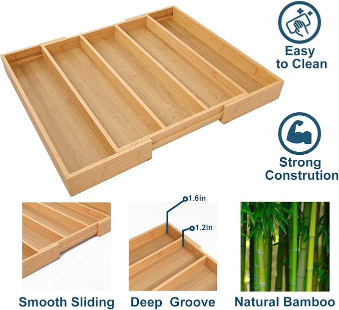 Fibogollo Expandable Bamboo Silverware Organizer, Kitchen Drawer Organizer | Flatware and Utensils Organizer Tray, Cutlery Organizer for Kitchen Drawer，Utensil Holder（13.3-22.8 x 16.9 x 2 inch）