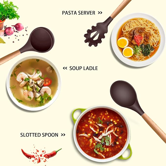MIBOTE Silicone Cooking Kitchen Utensils Set, Wooden Handle, Coffee | BPA-Free, Non-Toxic Silicone Turner, Tongs, Spatula, Spoon Set – Great for Nonstick Cookware, Heat-Resistant, Easy Clean