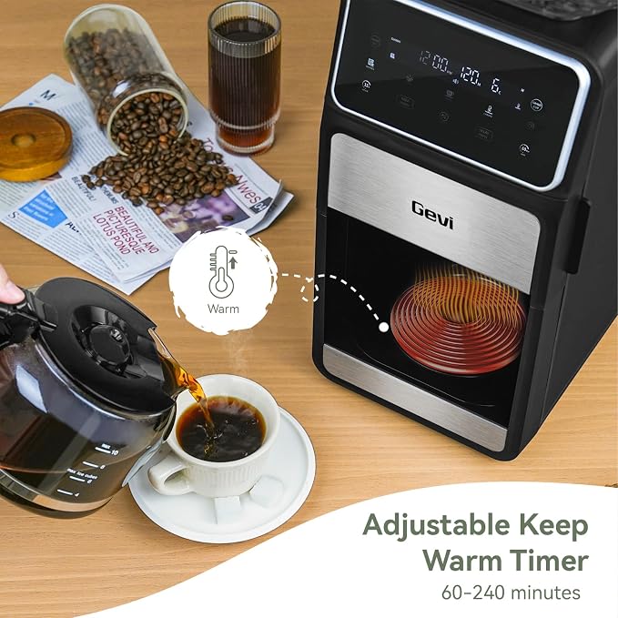 Gevi 10-Cup Grind & Brew Drip Coffee Maker with Built-In Burr Grinder | 24-Hour Programmable Timer, Touch Screen Control, 4-Hour Warm Plate, Permanent Filter with Original Glass Coffee Carafe