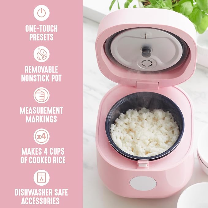 GreenLife Digital Rice Cooker, 2-Cups Uncooked/4-Cups Cooked, Pink | PFAS-Free Ceramic Nonstick Coated 1.5QT Pot, One-Touch Presets, Oats, Quinoa, Brown Rice, Auto Warming, Fuzzy Logic Tech