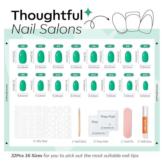 modelones Bright Green Short Press on Nails, Oval Fake Nails Kit | Press Ons with Nail Glue, Adhesive Tabs, Nail File, Prep Pad, Manicure Stick, 32Pcs 16 Sizes, Summer Women Girl Gift