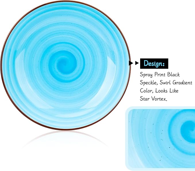 KitchenTour Large Pasta Bowls, 34 Ounce Ceramic Salad Bowl Plates, Set of 6 | Dinner Plate Bowl Set, 8.6 Inch, Wide and Shallow for Soup, Dishwasher and Microwave Safe, Ocean Swirl