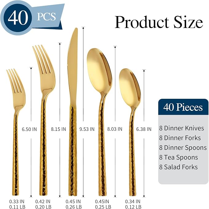 Gold Silverware Set 40 Piece Hammered Round Handle Service for 8 | 18/10 Stainless Steel Flatware Set, Heavy Duty Utensil, Cutlery Set for Home Party Wedding, Mirror Polished Dishwasher Safe