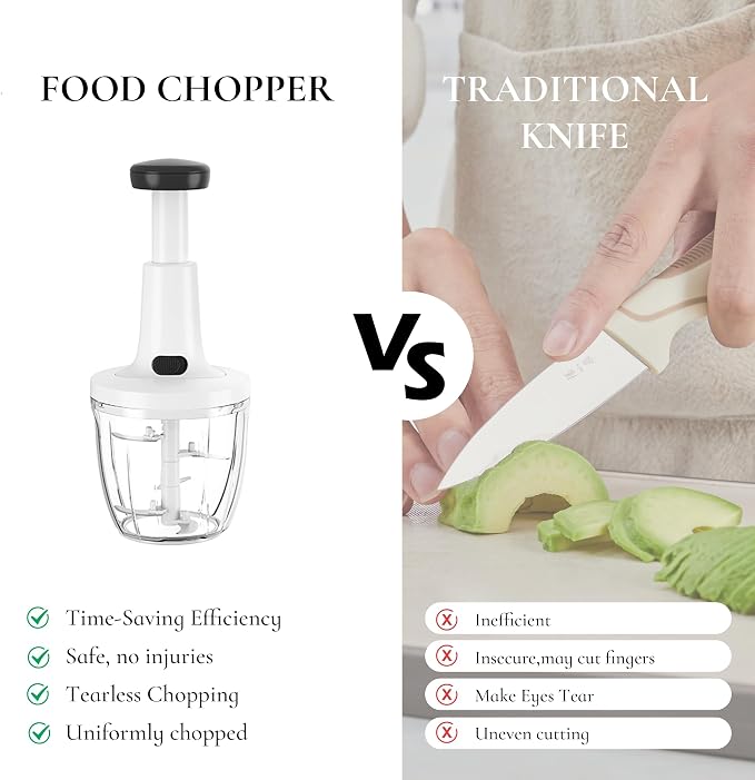Manual Food Chopper Hand Push Express Vegetable Dicer Mincer Sharp Blades Onion Cutter Garlic Mincer with Container for Chili Meat Nuts Herbs, Dishwasher Safe